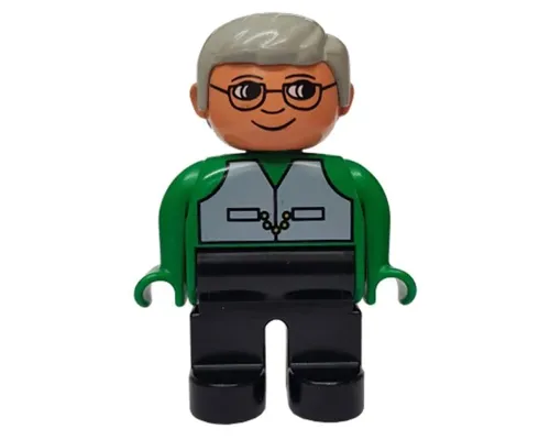 Duplo Figure, Male, Black Legs, Green Top with Vest, Gray Hair, Glasses Image