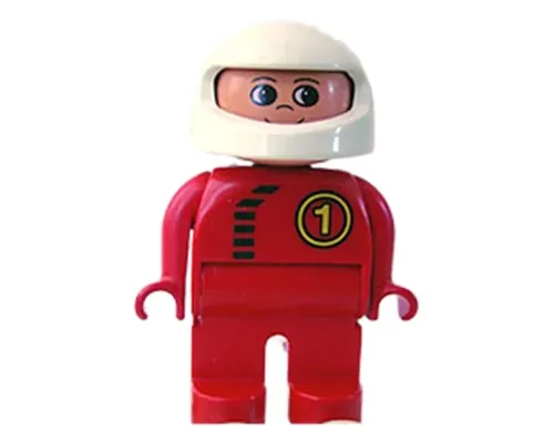 Duplo Figure, Male, Red Legs, Red Top with Black Zipper and Racer #1, White Helmet Image