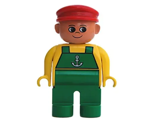 Duplo Figure, Male, Green Legs, Yellow Top with Green Overalls and Anchor, Red Cap Image