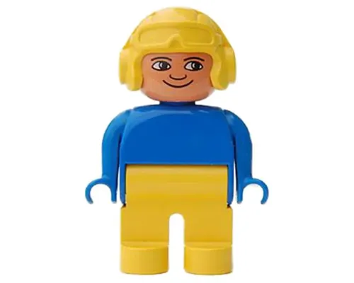 Duplo Figure, Male, Yellow Legs, Blue Top, Aviator Helmet Yellow Image