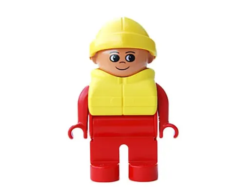 Duplo Figure, Male, Red Legs, Red Top, Life Jacket, Yellow Rain Hat Image