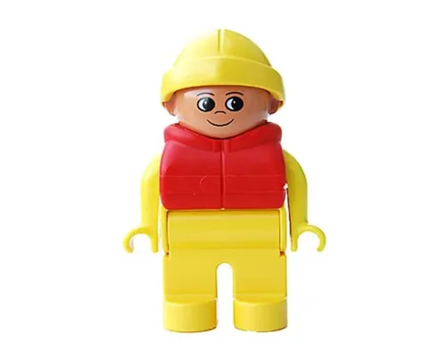 Duplo Figure, Male, Yellow Legs, Yellow Top, Life Jacket Red, Yellow Rain Hat Image