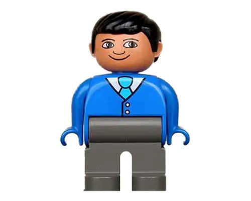 Duplo Figure, Male, Dark Gray Legs, Blue Top With 2 Buttons And Tie, Black Hair Image