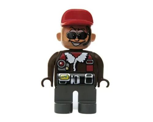 Duplo Figure, Male Action Wheeler, Dark Gray Legs, Brown Top with Fleece Jacket, Black Belt, Red Cap, Sunglasses, Headphone (AW Aviator) Image