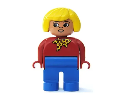 Duplo Figure, Female, Blue Legs, Red Top with Yellow and Red Polka Dot Scarf, Yellow Hair, Turned Down Nose Image