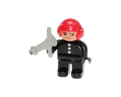 Duplo Figure, Male Fireman, Black Legs, Black Top with 3 White Buttons, Red Aviator Helmet Image