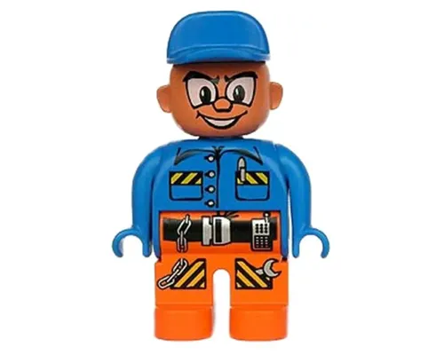 Duplo Figure, Male Action Wheeler, Orange Legs with Belt, Blue Top with Pen, Chain, Radio, and Wrench, Blue Cap Image