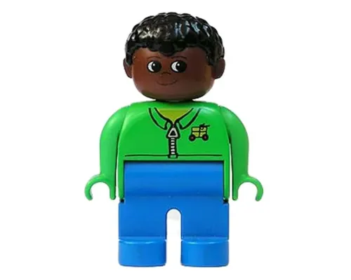 Duplo Figure, Male, Blue Legs, Green Zippered Jacket, Black Curly Hair, Brown Head Image