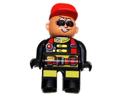 Duplo Figure, Male Action Wheeler, Black Legs with Yellow Patches, Red Straps, Sunglasses, Red Cap Image