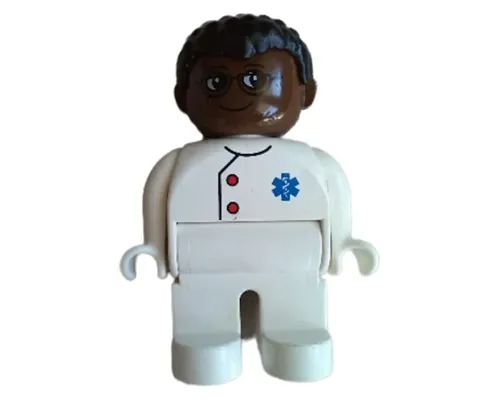 Duplo Figure, Male Medic, White Legs, White Top with EMT Star of Life Pattern, Black Hair, Brown Head, Glasses Image