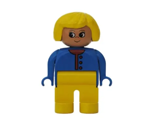 Duplo Figure, Female, Yellow Legs, Blue Sweater Unbuttoned with Red Buttons, Yellow Hair Image