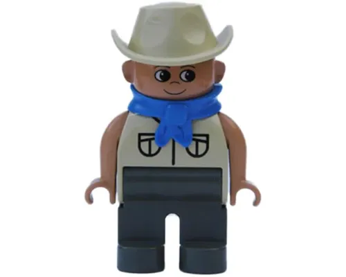 Duplo Figure, Male, Dark Gray Legs, Tan Top Safari with Pockets, Cowboy Hat, Blue Bandana Image