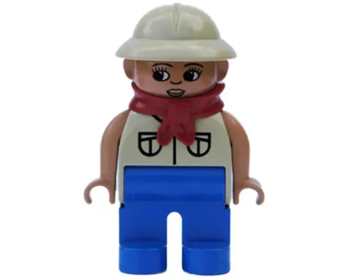 Duplo Figure, Female, Blue Legs, Tan Top with 2 Pockets, Tan Pith Helmet, Red Bandana, Eyelashes Image