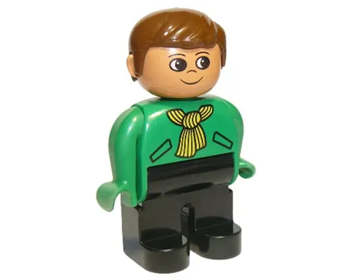 Duplo Figure, Male, Black Legs, Green Top with Yellow Scarf, Brown Hair Image