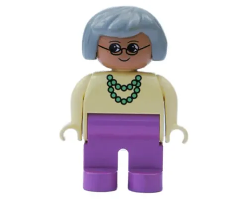 Duplo Figure, Female, Dark Pink Legs, Yellow Blouse with Green Necklace, Gray Hair Image