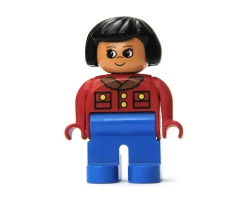 Duplo Figure, Female, Blue Legs, Red Jacket with Gold Buttons, Black Hair Image