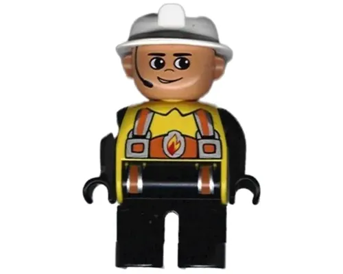 Duplo Figure, Male Fireman, Black Legs, Yellow Top with Flame and Orange Suspenders, White Fire Helmet, Headset Image