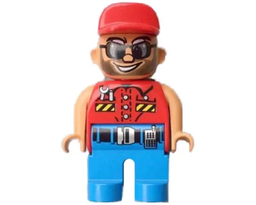 Duplo Figure, Male Action Wheeler, Blue Legs, Red Top with Wrench, Red Cap, Sunglasses, Beard Image