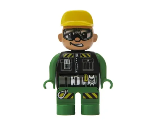 Duplo Figure, Male Action Wheeler, Green Legs, Green Top, Yellow Hat, Glasses (Construction Worker Driver) Image