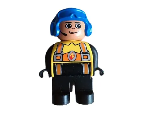 Duplo Figure, Male Fireman, Black Legs, Yellow Top with Flame and Orange Suspenders, Blue Aviator Helmet Image