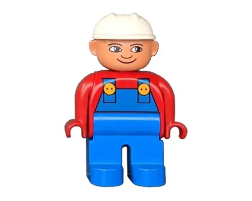 Duplo Figure, Male, Blue Legs, Red Top with Blue Overalls, Construction Hat White, Turned Down Nose Image