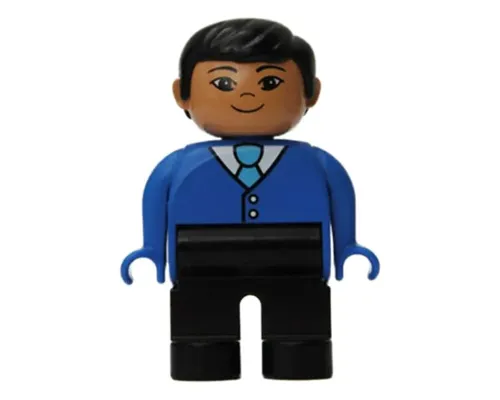 Duplo Figure, Male, Black Legs, Blue Top with Buttons and Tie, Black Hair, Grin Image