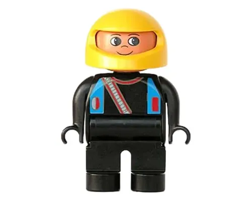 Duplo Figure, Male, Black Legs, Black Top with Blue Straps and Racer Diagonal Zipper, Yellow Racing Helmet Image