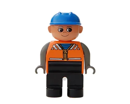 Duplo Figure, Male, Black Legs, Orange Vest, Dark Gray Arms, Construction Hat Blue Image