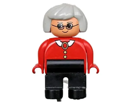 Duplo Figure, Female, Black Legs, Red Blouse with White Collar, Gray Hair, Glasses Image