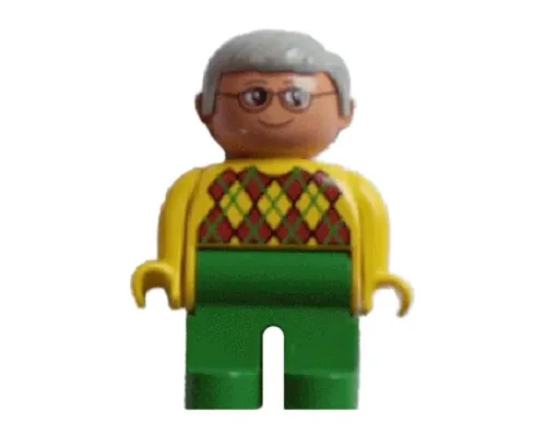 Duplo Figure, Male, Green Legs, Yellow Argyle Sweater, Gray Hair, Glasses Image