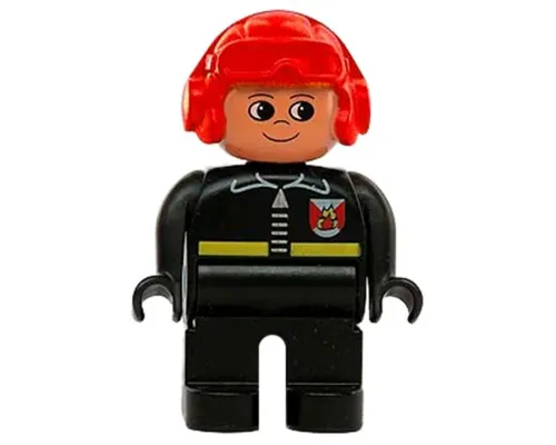 Duplo Figure, Male Fireman, Black Legs, Black Top with Fire Logo and Zipper, Red Aviator Helmet Image