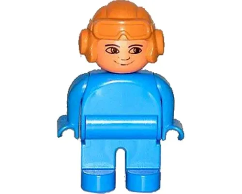 Duplo Figure, Male, Blue Legs, Blue Top, Aviator Helmet Fabuland Orange, no White in Eyes Pattern Image