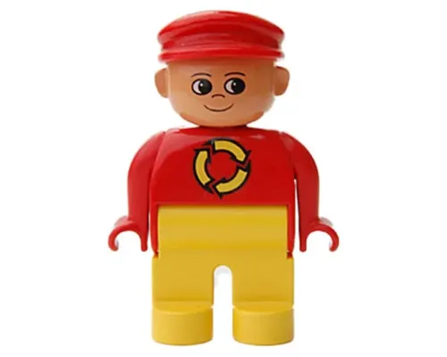 Duplo Figure, Male, Yellow Legs, Red Top with Recycle Logo, Red Cap, turned up Nose Image