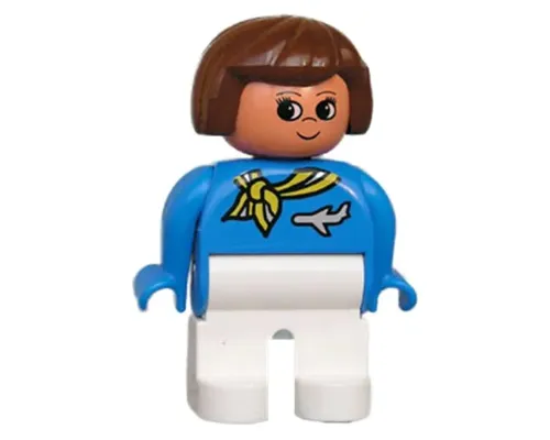 Duplo Figure, Female, White Legs, Blue Top with Scarf and Jet Airplane, Brown Hair, Turned Up Nose (Flight Attendant) Image