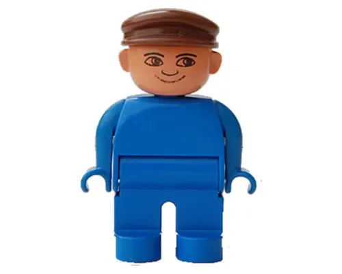 Duplo Figure, Male, Blue Legs, Blue Top, Brown Cap, no White in Eyes Pattern Image