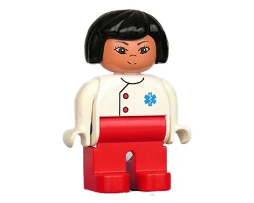 Duplo Figure, Female Medic, Red Legs, White Top with EMT Star of Life Pattern, Black Hair Image