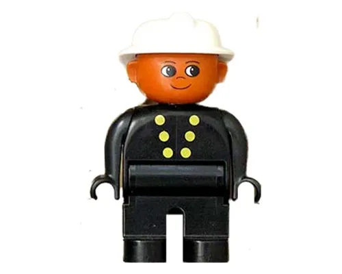 Duplo Figure, Male Fireman, Black Legs, Black Top with 6 Yellow Buttons, White Fire Helmet, Brown Head Image