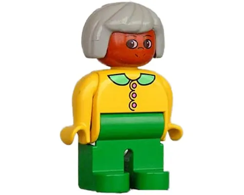 Duplo Figure, Female, Green Legs, Yellow Blouse with Collar, Gray Hair, Brown Head Image