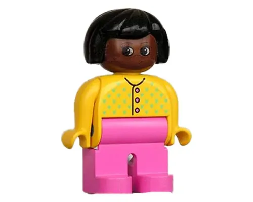 Duplo Figure, Female, Dark Pink Legs, Yellow Sweater with 3 Buttons V Stitching, Black Hair, Brown Head Image