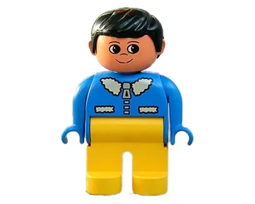 Duplo Figure, Male, Yellow Legs, Blue Top with White Collar, Black Hair Image