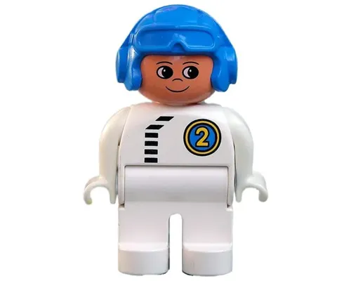 Duplo Figure, Male, White Legs, White Top with Black Zipper and Racer #2, Blue Aviator Helmet Image