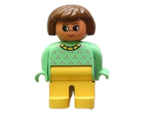 Duplo Figure, Female, Yellow Legs, Light Green Top with Purple Dots, Yellow Collar, Brown Hair Image