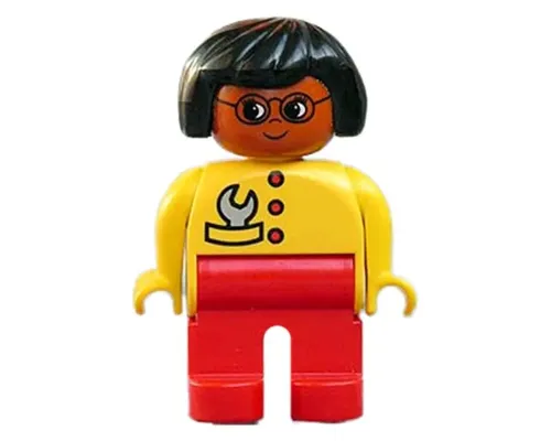 Duplo Figure, Female, Red Legs, Yellow Top with Red Buttons & Wrench in Pocket, Black Hair, Glasses, Brown Head Image