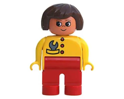 Duplo Figure, Female, Red Legs, Yellow Top with Red Buttons & Wrench in Pocket, Brown Hair, Turned Up Nose Image