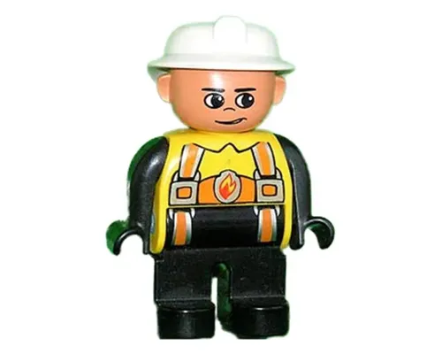 Duplo Figure, Male Fireman, Black Legs, Yellow Top with Flame and Orange Suspenders, White Fire Helmet, no Moustache Image