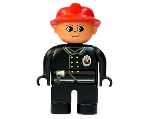 Duplo Figure, Male Fireman, Black Legs, Black Top with Flame Logo, Red Fire Helmet, no Moustache Image