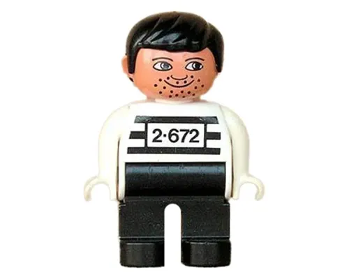 Duplo Figure, Male, Black Legs, White Top with 2-672 Number on Chest, Black Hair, White Hands, Stubble, Moustache Stubble (Jailbreak Joe) Image