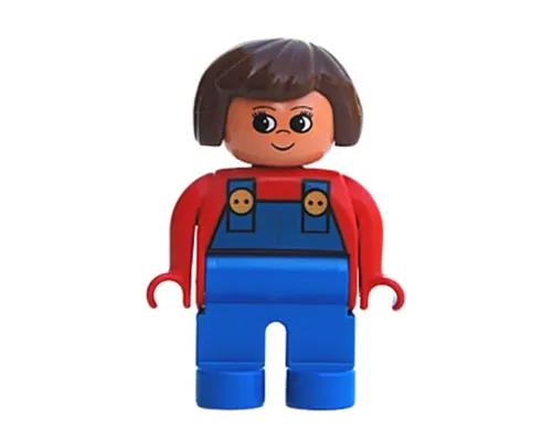 Duplo Figure, Female, Blue Legs, Red Top with Blue Overalls, Brown Hair, Turned Up Nose Image