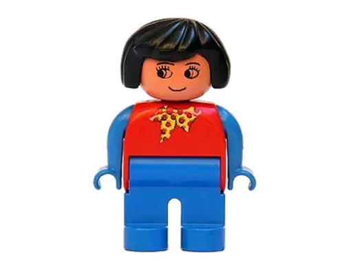 Duplo Figure, Female, Blue Legs, Red Top With Yellow And Red Polka Dot Scarf, Blue Arms, Black Hair, without Nose Image