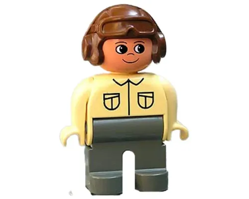 Duplo Figure, Male, Dark Gray Legs, Tan Top, Brown Aviator Helmet Image